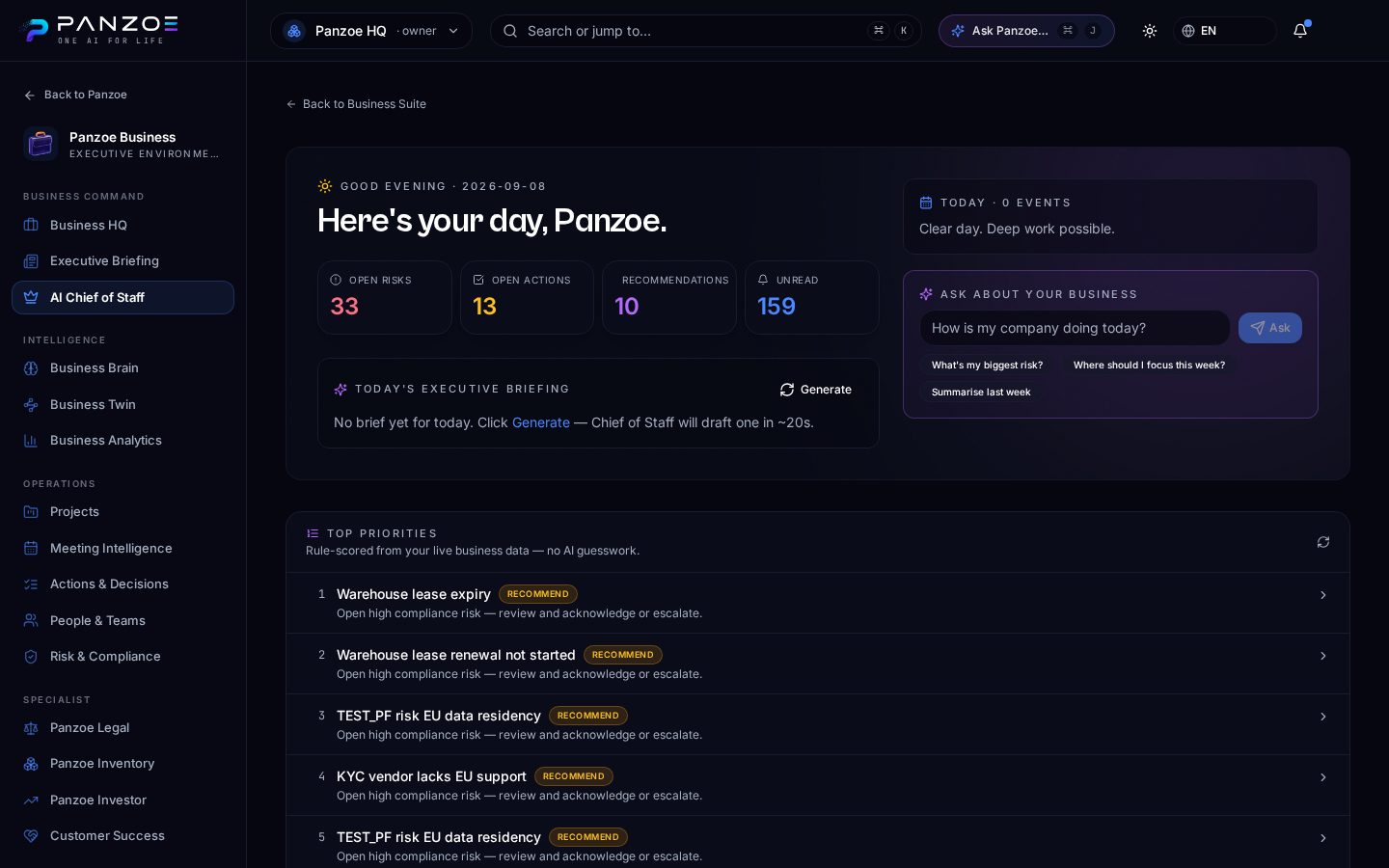 Panzoe Business — AI Chief of Staff with today's executive briefing, top priorities and open risks