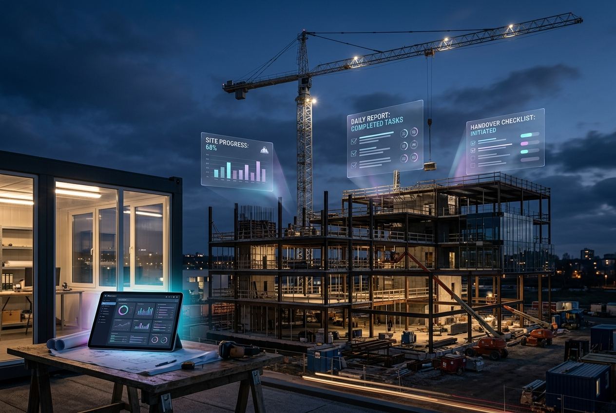 Construction site at dusk with project dashboard and AI reporting overlays — Panzoe AI Solutions for construction companies