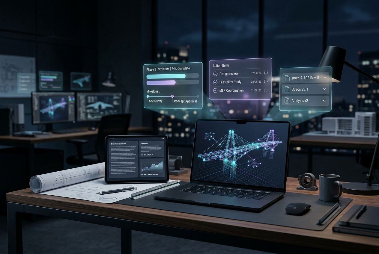 Engineering office with technical drawings and AI document and project overlays — Panzoe AI Solutions for engineering companies