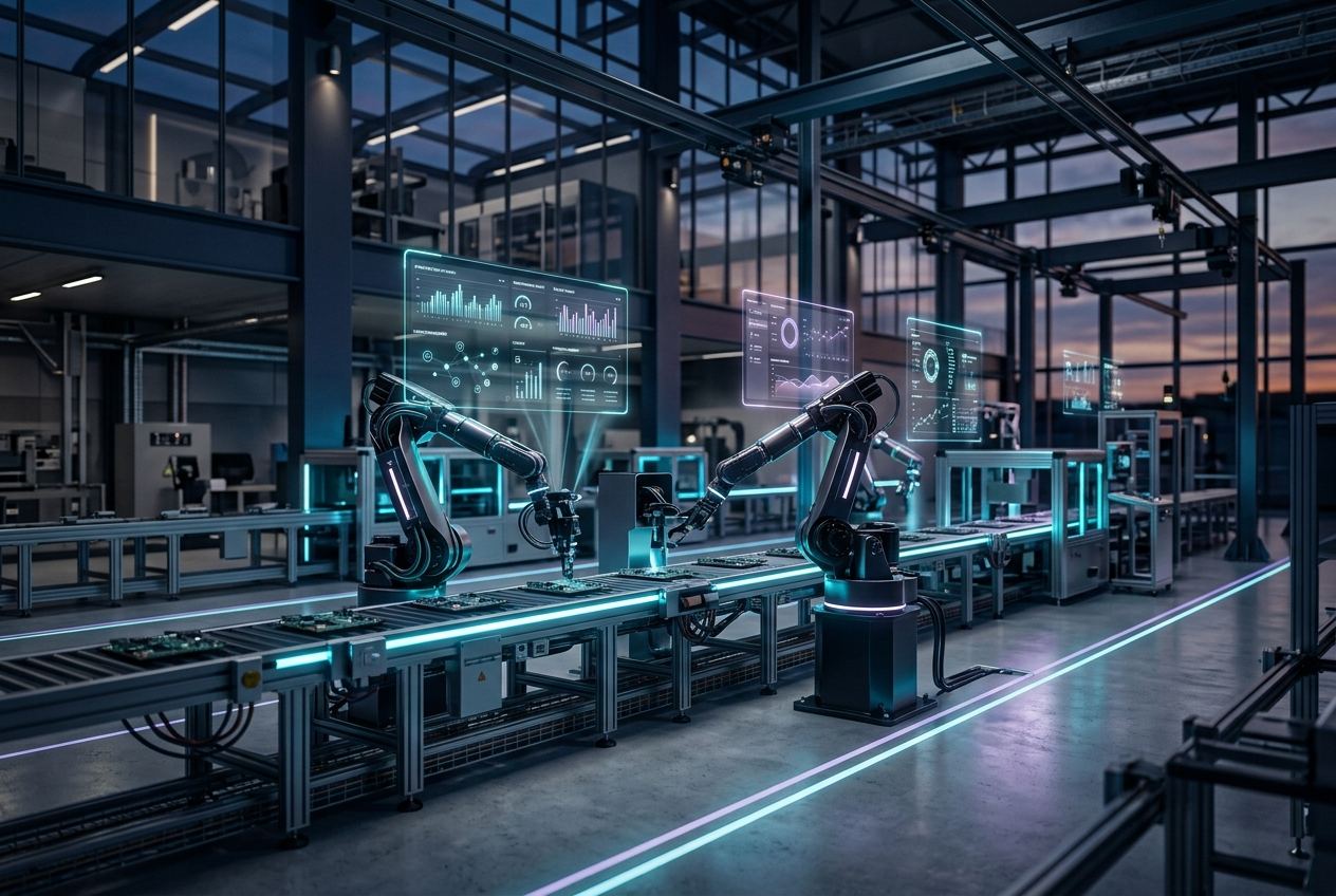 Modern manufacturing line with AI data overlays — Panzoe AI Solutions for manufacturing