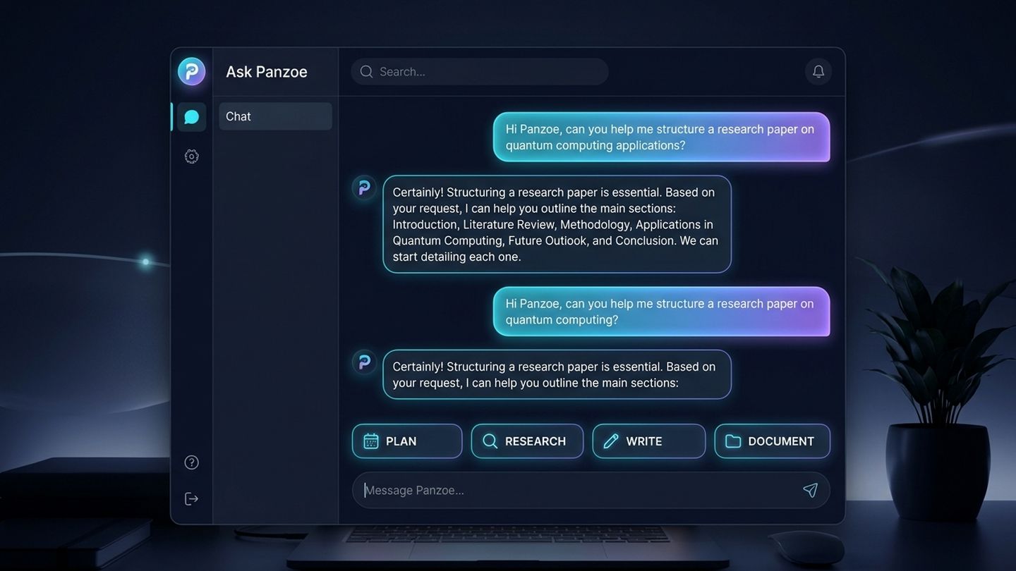 Ask Panzoe conversation with suggested actions to plan, research, write or create a document