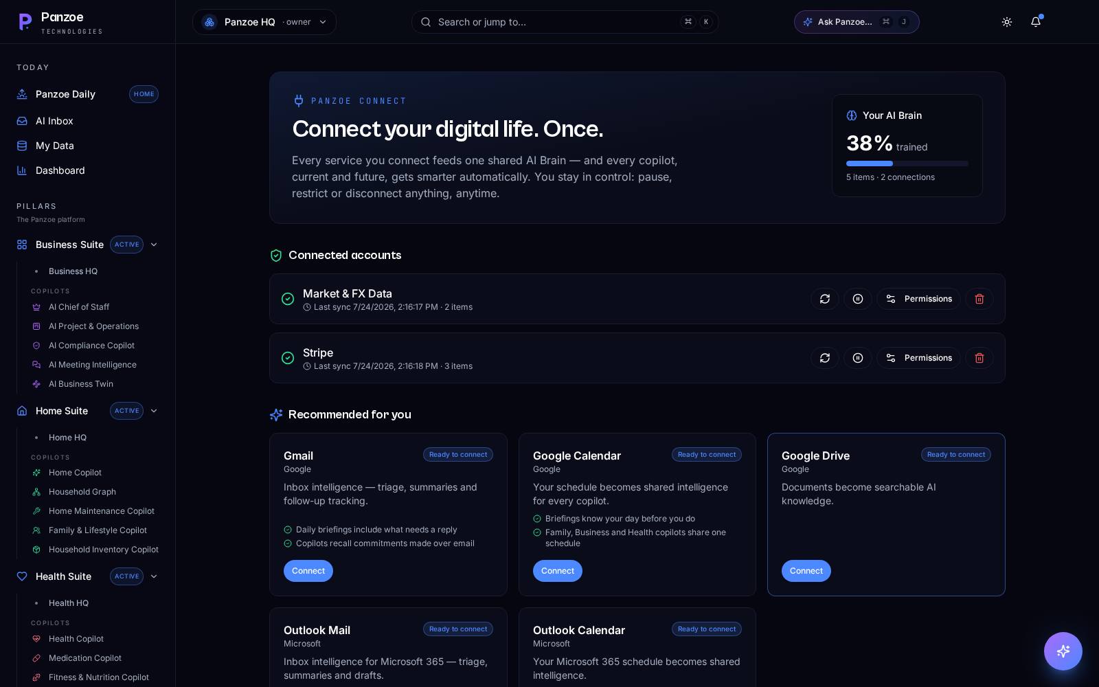 Panzoe Integration Hub — Google Workspace, Microsoft 365, Notion and GitHub connections