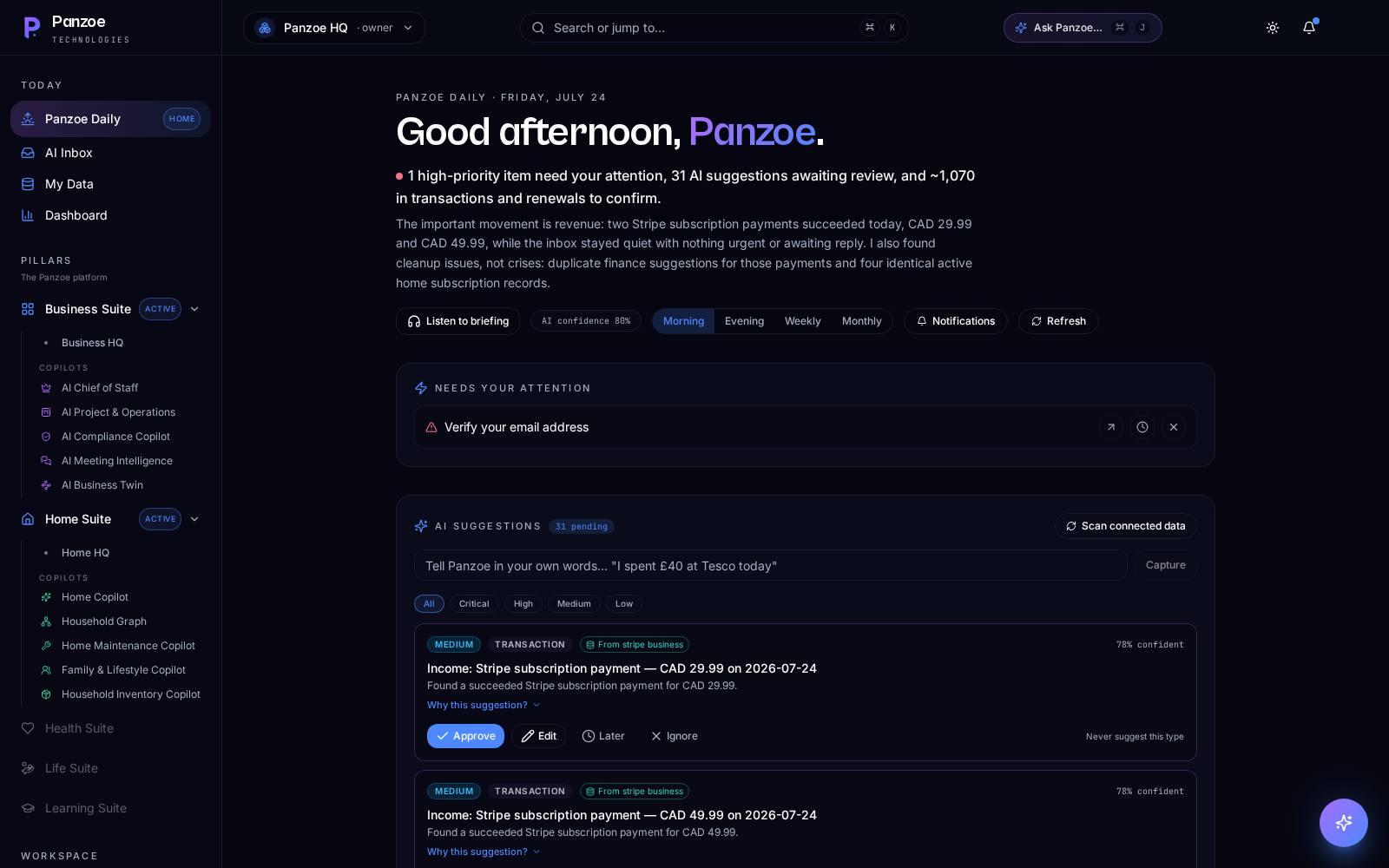 Panzoe Daily — a personalised AI morning briefing with items that need attention and AI suggestions