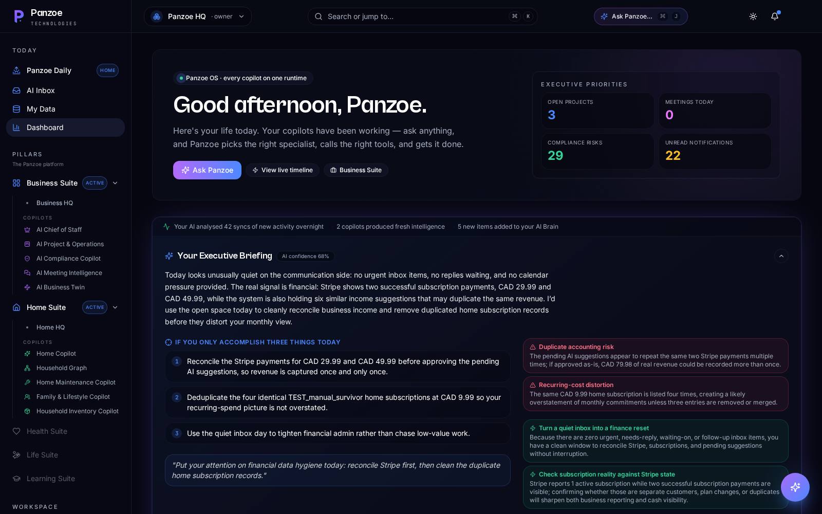 Panzoe dashboard — Ask Panzoe, executive briefing and AI priorities on one screen