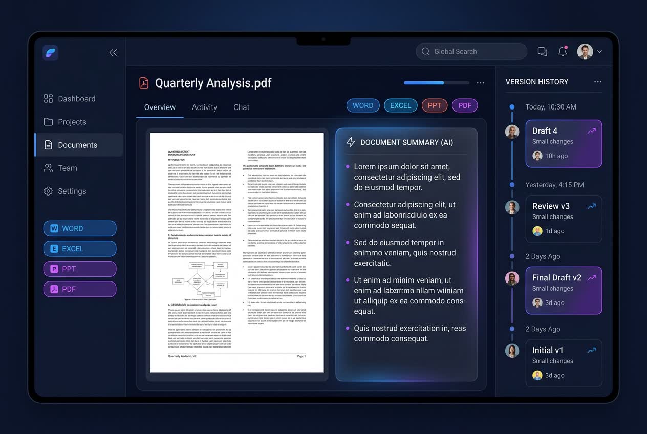 Panzoe Document AI workspace with an uploaded PDF, an AI summary, file-type chips and a version timeline