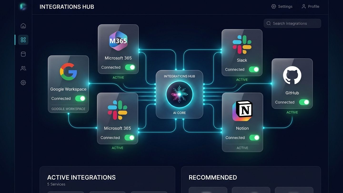 Panzoe integrations hub connecting Google Workspace, Microsoft 365, Slack, Notion and GitHub
