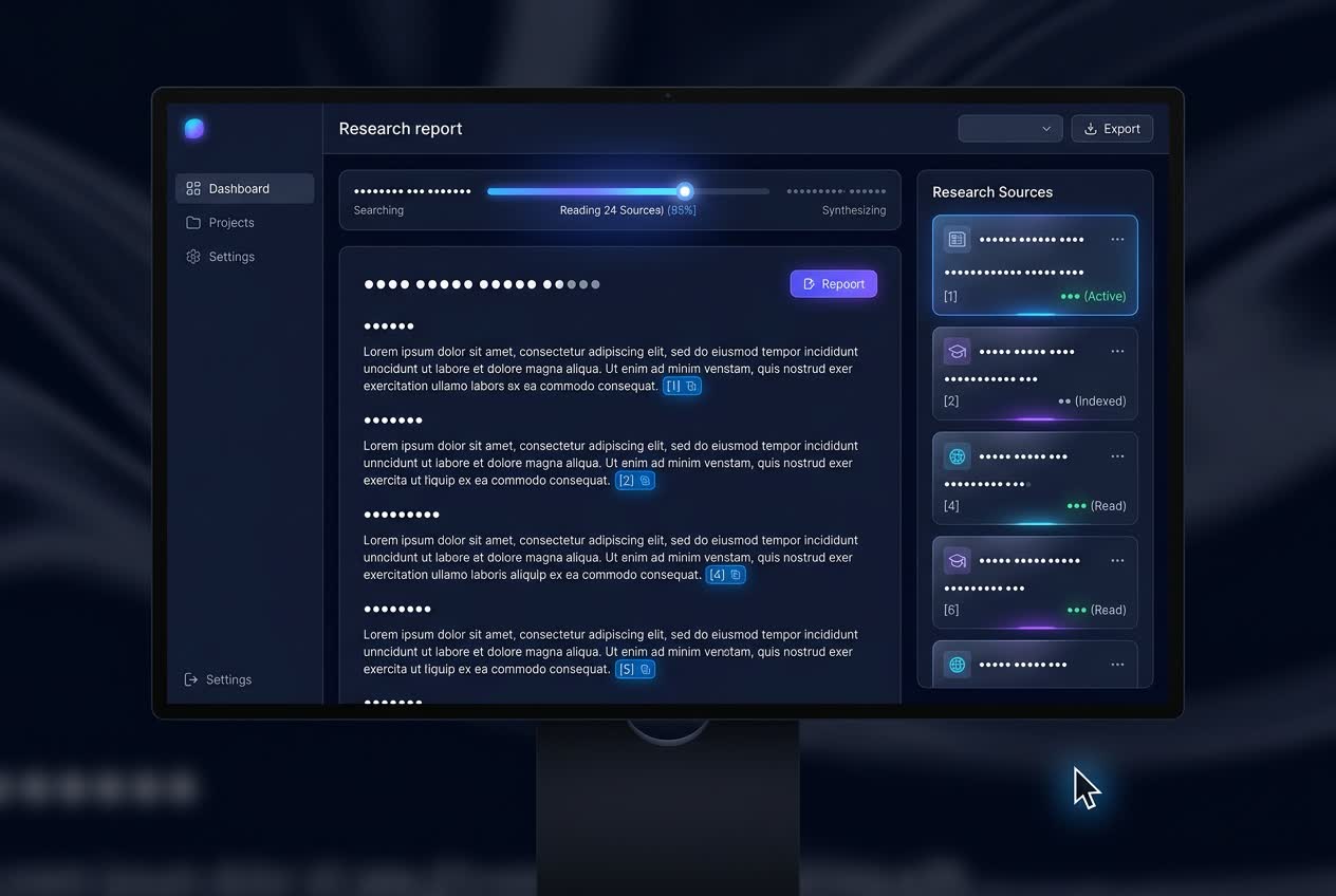 Panzoe AI deep research report with numbered citations and a rail of source cards