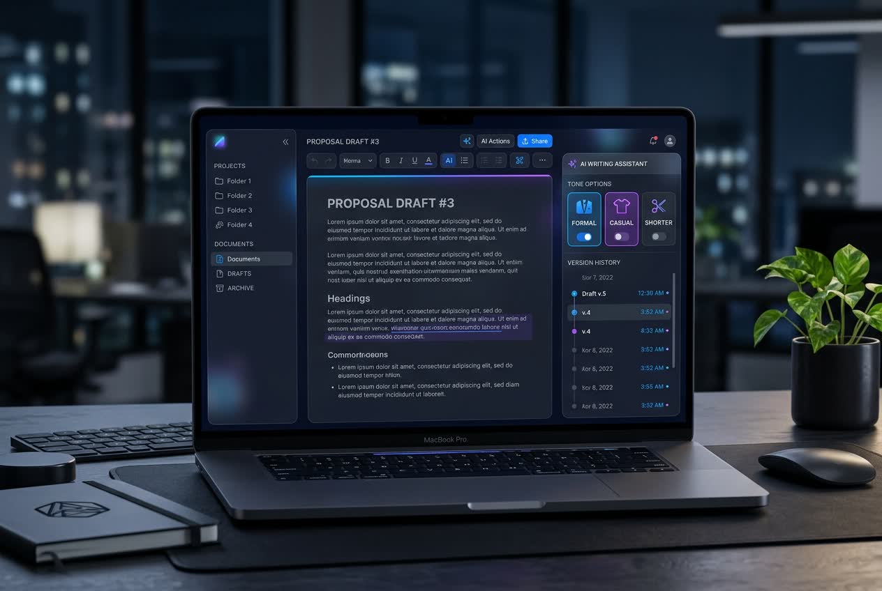 Panzoe AI writing assistant editor with a draft, tone options and version history